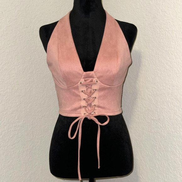 SHEIN Tops - Shein Blouse Women's 6 Dusty Pink Halter Neck Front Lace Stretch Smocked Back